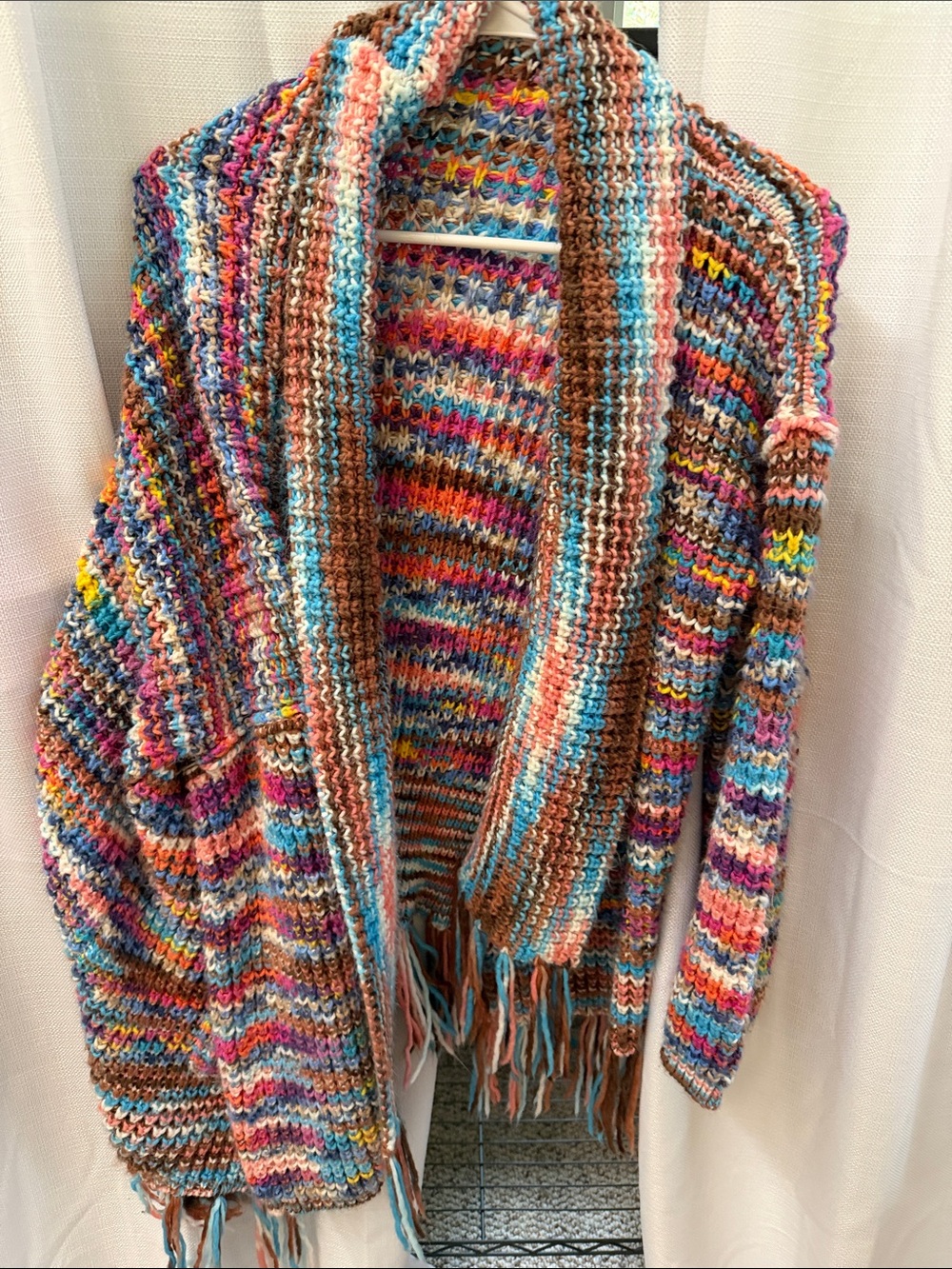 POL Multicolor Open-Front Fringe Knit Sweater Cardigan